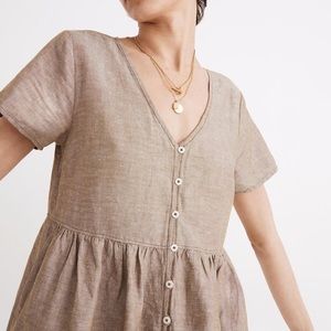 Madewell Alexandra V-Neck Button-Front Linen Olive Mini Babydoll Dress Size XL